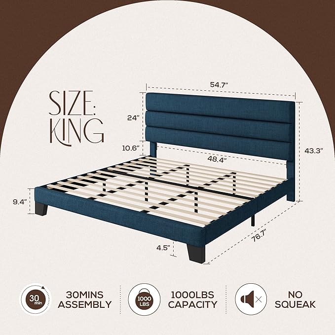 WEEWAY King Bed Frame Platform Bed with Linen Fabric Upholstered Headboard and Wooden Slats Support, Heavy Duty Mattress Foundation, No Box Spring Needed, Easy Assembly, Navy Blue