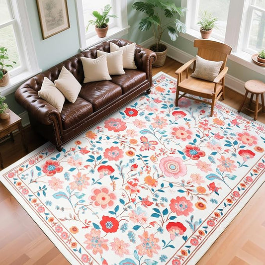 8x10 Area Rug for Living Room Clearance, Modern Washable Rug Non Slip Low Pile Floral Rugs for Living Room, Bedroom, Farmhouse, Dining Room, Kids Playroom, Beige