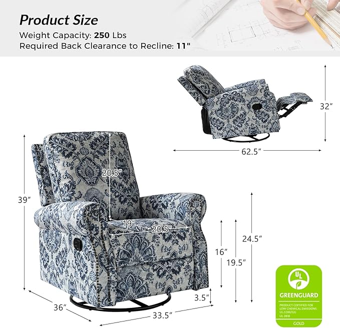 HULALA Home Modern Rocker Recliner, Printed Fabric Swivel Glider with Adjustable Backrest & Footrest, Comfy Upholstered Manual Recliner Chair Home Theater Singe Sofa for Bedroom Living Room, Damask