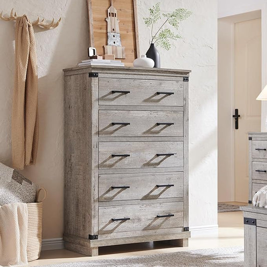 Farmhouse 5 Drawers Dresser for Bedroom, Tall Chest of Drawers with Thick Plank Styling, Wood Rustic Closet Dresser for Bedroom, Living Room, Light Rustic Oak Color