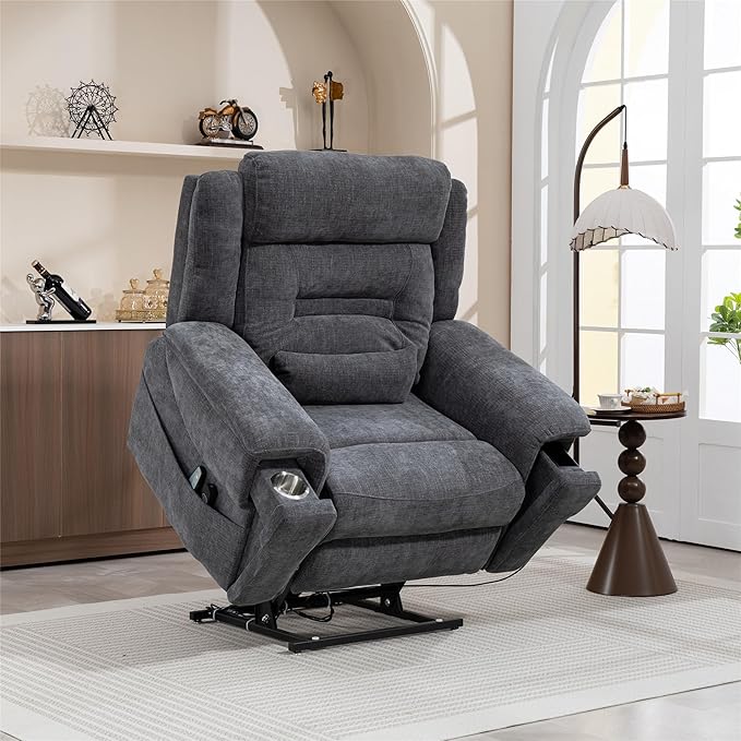 28 Inch Extra Wide Recliner Lay Flat 180°, Big Man 400lbs Oversized, Power Lift Recliner with Heat and Massage for Elderly, Large Heavy Duty Recliners with Cup Holders and Wireless Phone Charger