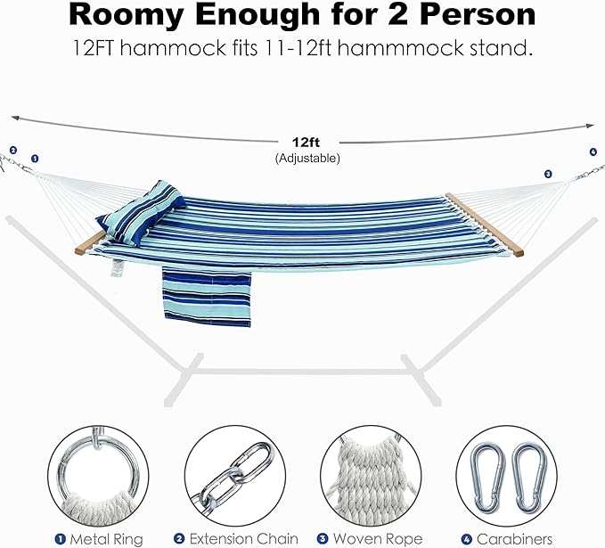 2 Person 12FT Hammocks for Outside, Double Quilted Fabric Outdoor Hammock with Spreader Bar, Large Removable Pillow, Storage Pockets, Carabiners, Max 475 lbs Capacity (Catalina Beach)