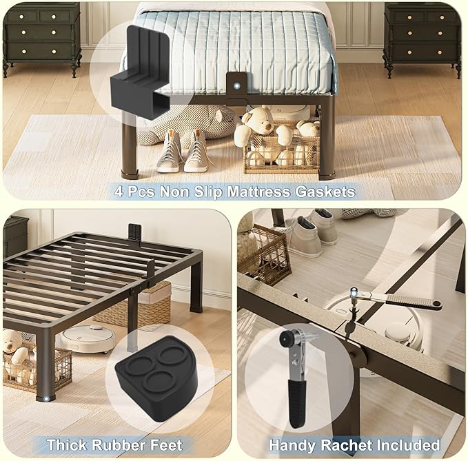 18 inch Twin XL Bed Frame with Round Corner Legs Mattress Slide Stopper,3500 lbs Heavy Duty Metal Platform,No Box Spring Needed,Easy Assembly,Noise Free