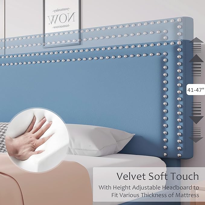 VECELO Queen Size Bed Frame with Adjustable Upholstered Headboard, Wooden Slats Platform, Noise-Free Design, Easy Assembly