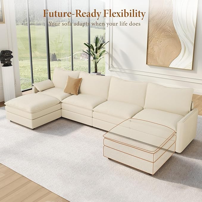 Vesgantti 142" Cloud Couch Sectional Modular Sofa, Comfy Sectional Couch with Ottoman Deep Seat Chenille L Shaped Sofa, Modular Couches for Living Room, Bedroom and Apartment, Beige