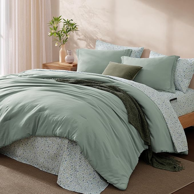 Monbix King Size Comforter Set - 7 Pieces Sage Green Prewashed Bed in a Bag King Bedding Sets with Comforters, All Seasons Down Alternative Comforter Bed Set with Sheets,Pillowcases & Shams