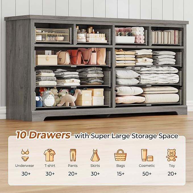 DICTAC 10 Drawers Dresser for Bedroom,55" Wide Farmhouse Dresser with Natural Texture and Vintage Metal Handles, Rustic Wood Chest of Drawers for Bedroom, Living Room, Hallway,Oak Grey