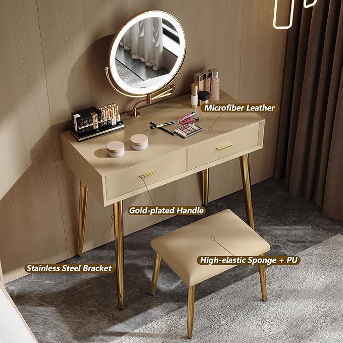 IKuinen Makeup Vanity Desk with Mirror and Lights, Small Vanity Table with 2 Drawers,Vanity Set for Bedroom with Microfiber Leather, 3 Lighting Modes - 31.5In Coffee