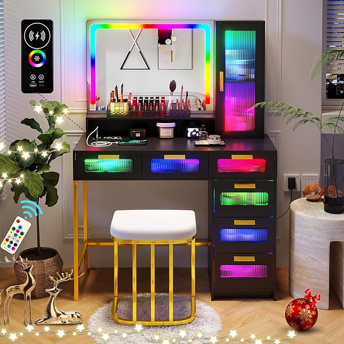 HNEBC RGB Vanity Desk with Mirror and Lights, LED Vanity Makeup Desk with USB/Wireless Charger Station, Vanities Dressing Table Sets with 6 Drawers/Cabins/Stool/Shelves for Bedroom&Cloakroom,Black