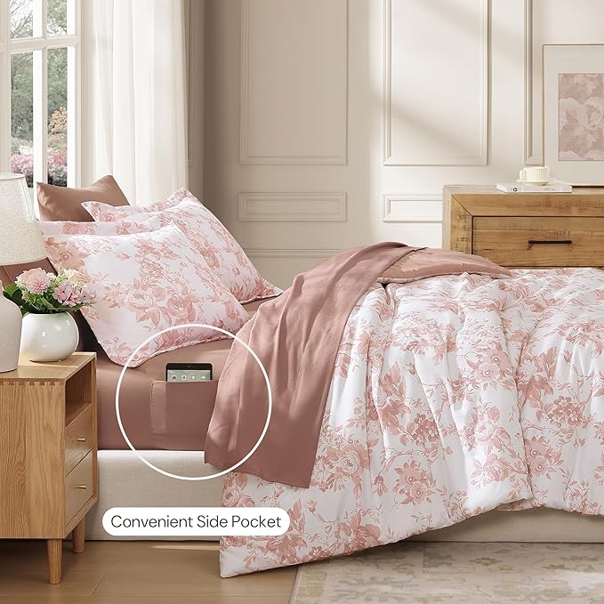 Queen Comforter Set -7 Pieces Pink Floral Comforter Set for All Seasons, Bed in a Bag Queen with Botanical Flowers Comforter, Sheets, Pillowcases & Shams