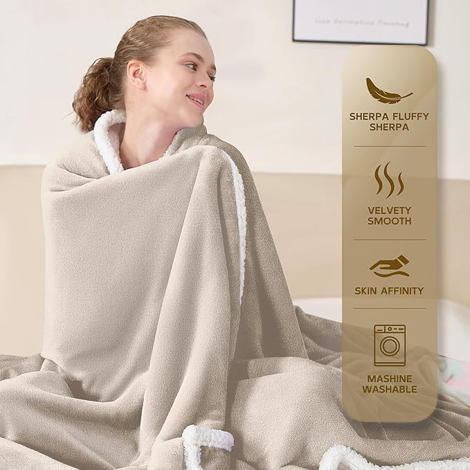 BEAUTEX Sherpa Beige Cream Fleece Throw Blankets, Soft Fluffy Flannel Plush Blanket and Throw, Fuzzy Cozy Cuddle Blankets for Couch Bed Sofa Adults (50" x 60")