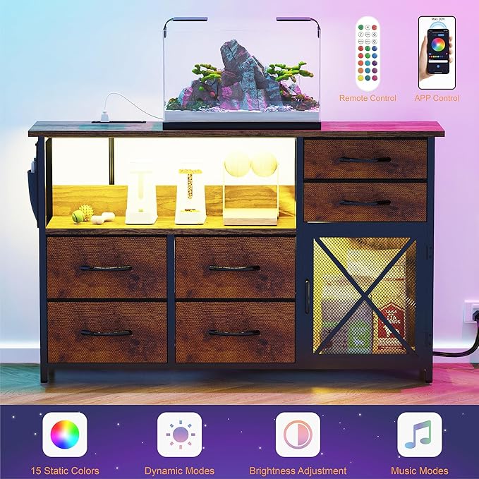 TV Stand Dresser for Living Room, LED TV Stand with 6 Drawers and Lights for Bedroom, Up to 50 inch TV, Long and Wide Dresser Storage Table with Metal Door, Rustic Brown