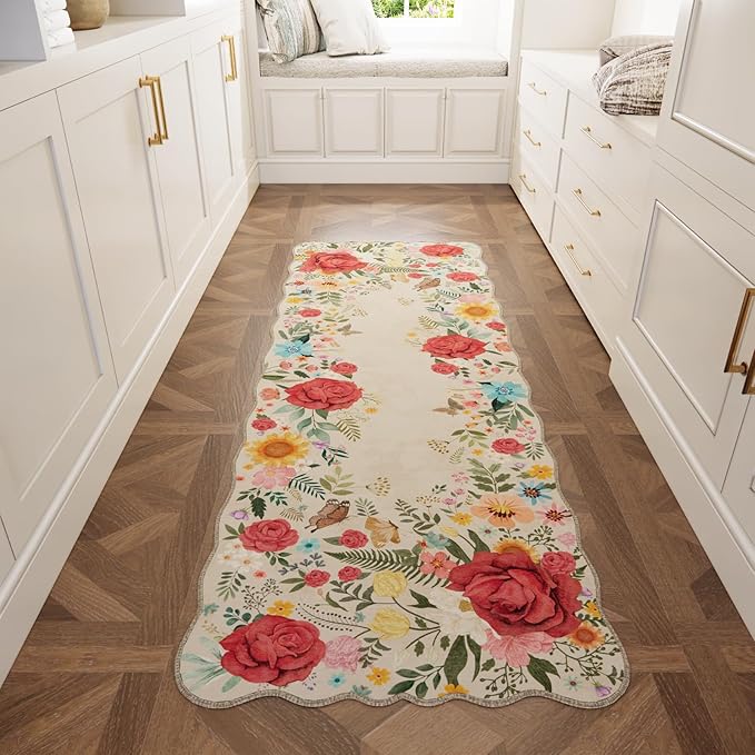 Kitchen Rug 2'x 6' Washable Floral Washable Runner Rugs Non Slip Boho Vintage Low Pile Carpet for Hallway, Entryway, Laundry Room, Bathroom High Traffic Areas Indoor Decor (Beige