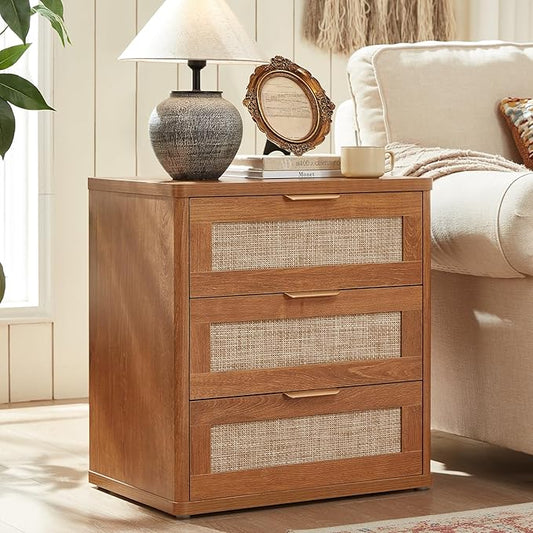 LEYAOYAO Rattan Night Stand with Drawers, 23" Large 3 Drawer Boho Nightstand, Natural Wood Bedside Table Storage Cabinet, Bed Side End Tables Dresser for Bedroom, Living Room, Hallway, Closet
