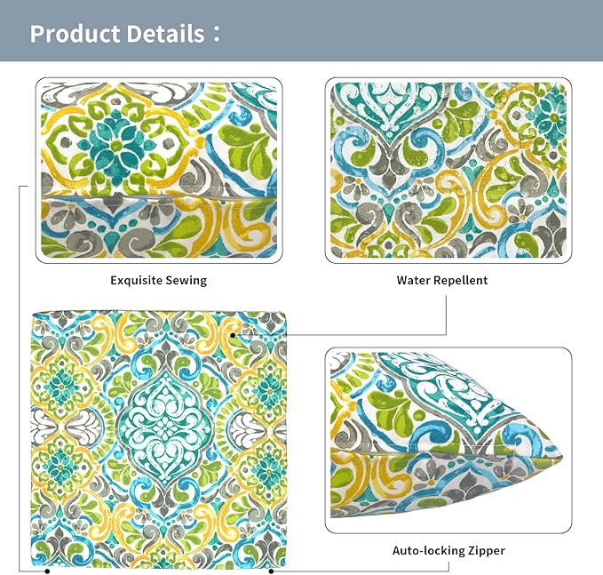 Outdoor Pillow Covers for Patio Furniture 20x20 Inch, Decorative Patio Throw Pillow Covers Set of 2, Modern Square Cushion Cases for Porch Garden Home Office,Damask Green