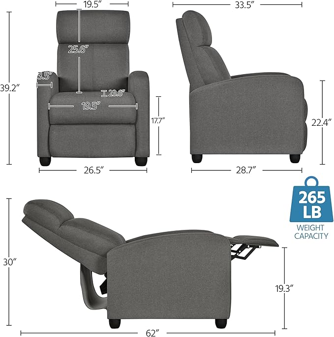 Yaheetech Fabric Recliner Chair Sofa Ergonomic Adjustable Single Sofa with Thicker Seat Cushion Modern Home Theater Seating for Living Room Matte Grey