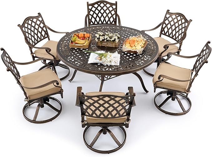 7 Piece Outdoor Dining Set Cast Aluminum, Retro Patio Dining Furniture Set for 6 Includes 54’’ Round Table 6 Chairs with Thicker Cushion and Umbrella Hole for Patio Deck Garden