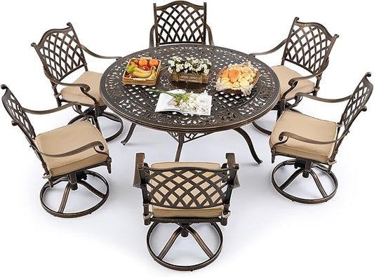 7 Piece Outdoor Dining Set Cast Aluminum, Retro Patio Dining Furniture Set for 6 Includes 54’’ Round Table 6 Chairs with Thicker Cushion and Umbrella Hole for Patio Deck Garden