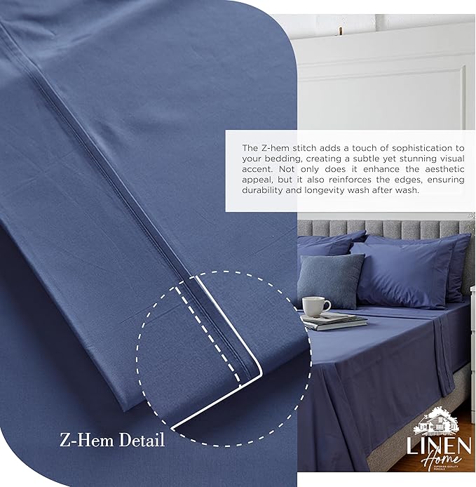Linen Home 100% Cotton Percale Sheets Queen Size, Dark Blue, Deep Pocket, 4 Pieces Set - 1 Flat, 1 Deep Pocket Fitted Sheet and 2 Pillowcases, Crisp Cool and Strong Bed Linen