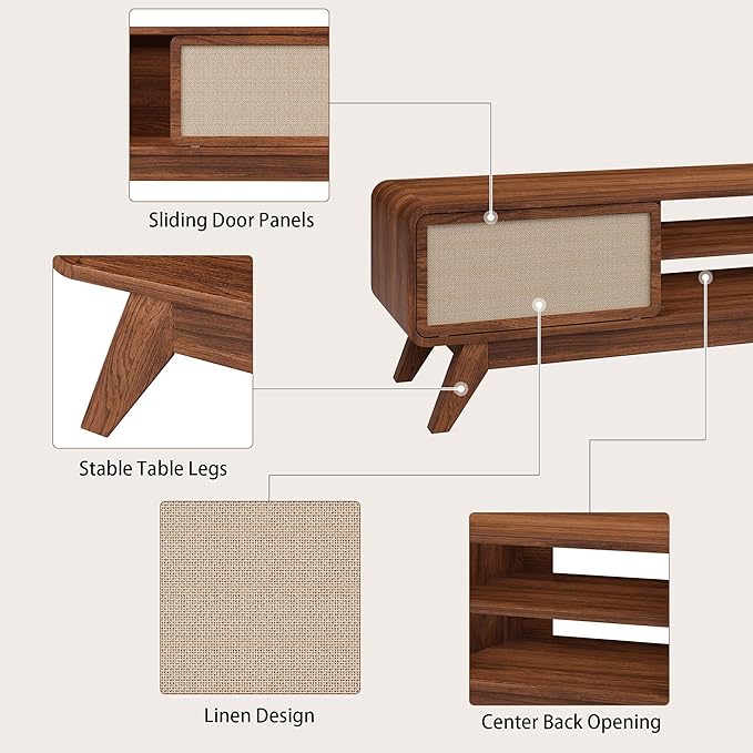AVZEAR Mid Century Modern TV Stand for TVs up to 65'', Farmhouse Entertainment Center with Storage, TV Cabinet Table with Nature Linen Doors, Media Console TV Consoles for Living Room Bedroom (Walnut)