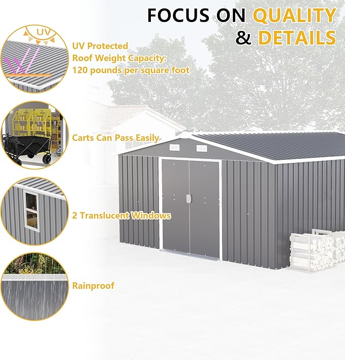 10x12 FT Outdoor Storage Shed, Large Metal Garden Shed with 2 Windows, Outside Tool Sheds with Lockable Sliding Doors, Waterproof Storage Building with 4 Air Vents for Backyard, Patio, Lawn, Dark Gray