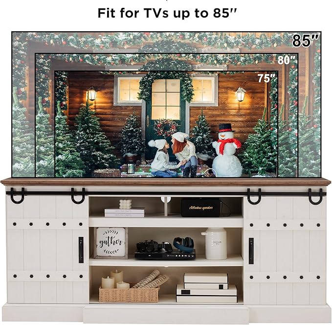 OKD Farmhouse 75" TV Stand for 80 85 Inch TV, Rustic Media Console Table with Sliding Barn Door, Large Highboy Entertainment Center with Storage Cabinet for Living Room, Bedroom, Antique White
