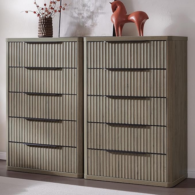 SICOTAS Dresser for Bedroom - Tall Dressers & Chests of Drawers with 5 Drawers Large Modern Dresser for Closet Fluted Wide TV Stand Clothes Closet Storage for Bedroom Hallway Entryway, Grey Alder