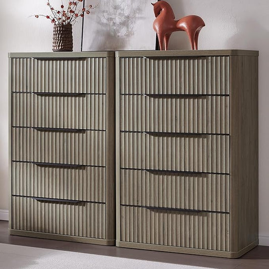 SICOTAS Dresser for Bedroom - Tall Dressers & Chests of Drawers with 5 Drawers Large Modern Dresser for Closet Fluted Wide TV Stand Clothes Closet Storage for Bedroom Hallway Entryway, Grey Alder
