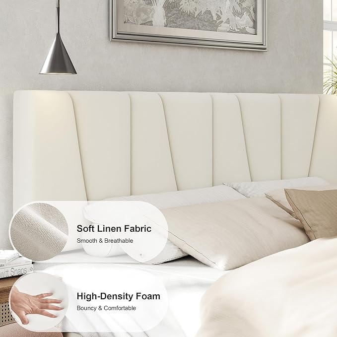 Full Size Bed Frame with Fabric Upholstered Headboard, Platform Bed with Wooden Slats Support, Fully Mattress Foundation, Box Spring Optional, Easy Assembly