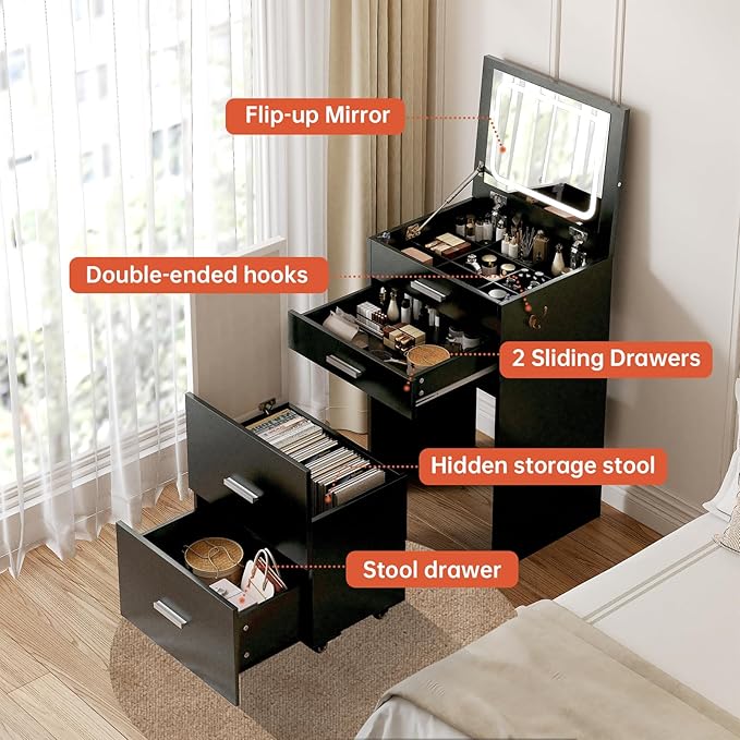 Compact Vanity with 3 Drawers, 3 in 1 Vanity Desk, Makeup Desk with Flip-up 3 Colors Lighting Mirror and Cushioned Stool, Small Vanities Nightstand Perfect for Bedroom, Black