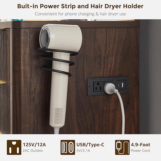 T4TREAM 48" Fluted Makeup Vanity Desk with 48" Large Mirror and HD Lights, Modern Vanity Table with 9 Drawers & Charging Station, Glass Top and Golden Handles Dressing Table for Bedroom,Dark Walnut