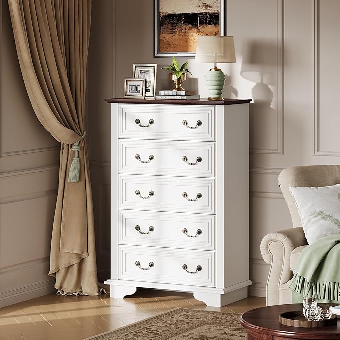 WLIVE Farmhouse Dresser for Bedroom, Wood Dresser with 5 Drawer, Chest of Drawers with Roman Metal Handle for Living Room, White
