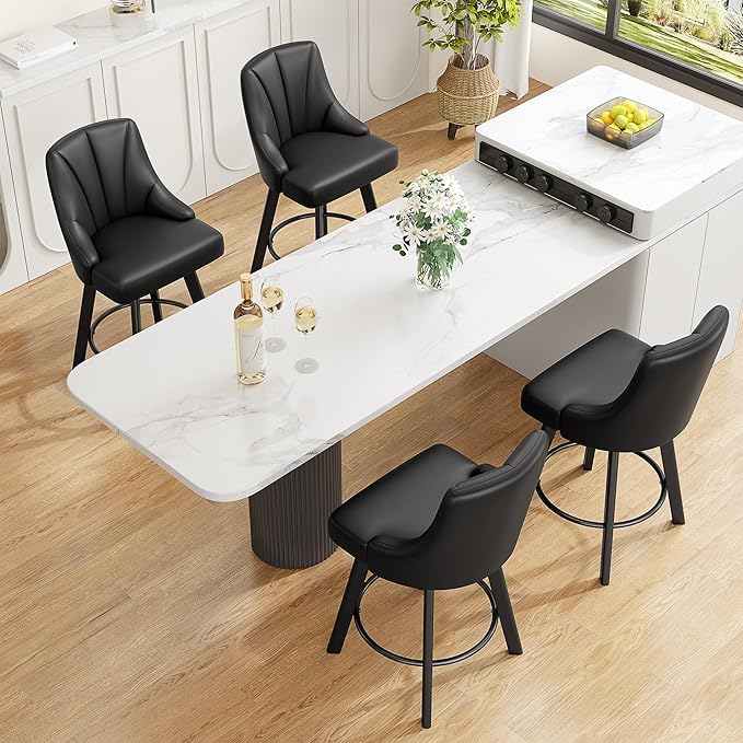 Swivel Bar Stools with Backs, 24" Counter Height Bar Stools Set of 2, PU Leather Upholstered Counter Barstools with Solid Wood Legs for Kitchen Island, Home Bar, Black