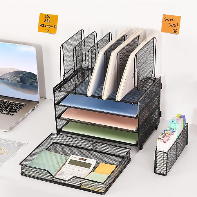 Desk Organizers and Accessories, 3-Tier Paper Organizer with 5 Vertical File Holders, File Organizer for Desk (Black With Drawer, 3T With Drawer)