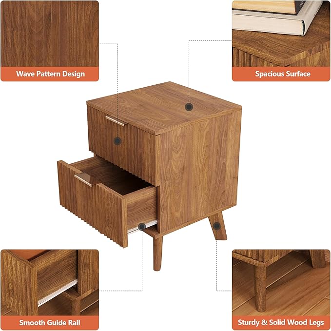 Fluted 2 Drawer Small Dresser for Bedroom, Mid Century Modern Nightstand with Drawers, Low Bedside Table with Drawers, End Table Short Storage, Living Room, Dorm -Walnut