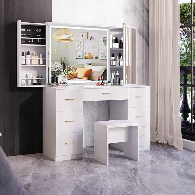 Makeup Vanity with Sliding Storage Wall-Mounted Jewelry,Mirror Cabinet,White Vanity Desk with Extra Large Mirror and Lights,7 Drawers Dressing Table with Vanity Stool&Storage Bench,for Bedroom