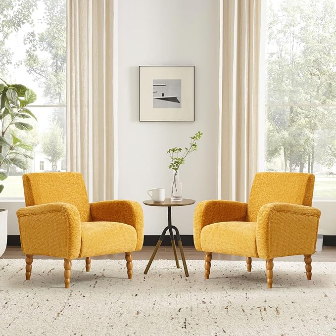 Chenille Fabric Accent Chairs Set of 2, Upholstered Armchair with Solid Wood Legs, Modern Living Room Accent Chair, Comfy Single Sofa Reading Club Chair for Bedroom Reception Lounge, Yellow