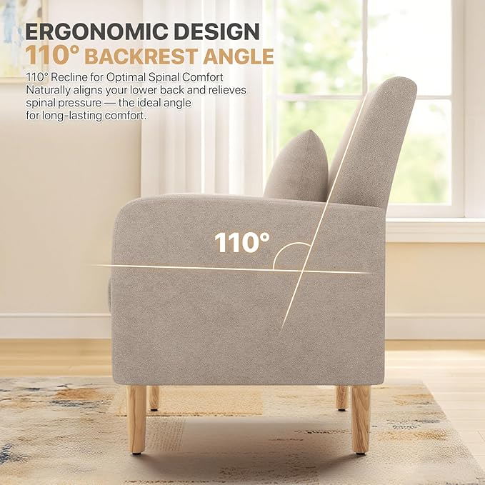Magshion Mid-Century Accent Chair for Living Room, Comfy Reading Chair for Bedroom, Upholstered Linen Fabric Armchair Single Sofa with Back Pillow & Wood Legs, 300 lbs Capacity, Beige