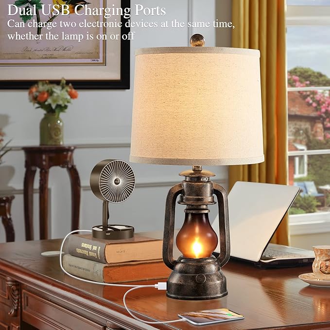 RORIANO Farmhouse Lantern Table Lamps for Living Room Set of 2, Vintage Bedroom Resin Lamp with Dual USB Charging Ports, Rustic Retro Bedside Nightstand Desk Lamp, 4 Bulb Included