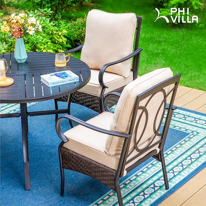 PHI VILLA Outdoor Dining Chairs Set of 2, Heavy Duty Outdoor Metal Wicker Dining Chair with Padded Cushions, Large All Weather Wrought Iron Patio Chair for Balcony