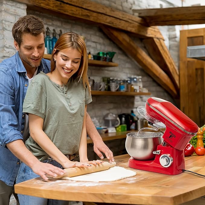 Moss & Stone Stand Mixer, 6 Speed Electric Mixer With 5.5 Quart Stainless Steel Mixing Bowl, Red Body Kitchen Mixer With Dough Hook, Whisk, Beater & Baking Spatula, Classic Food Mixer