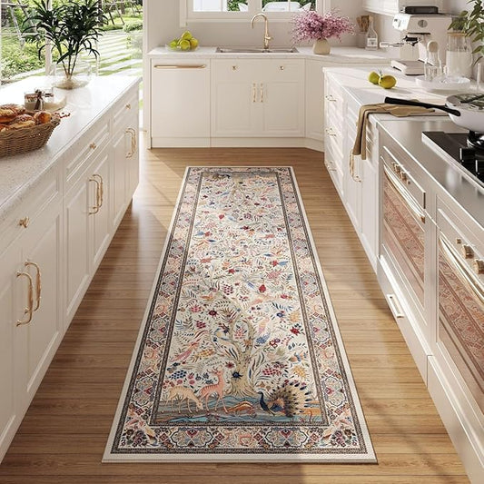 Runner Rug 2x6 Vibrant Tree of Life-Patterned Vintage Kitchen Rugs Non Slip Washable Soft Carpet Runner for Laundry Bedroom Bathroom, Beige