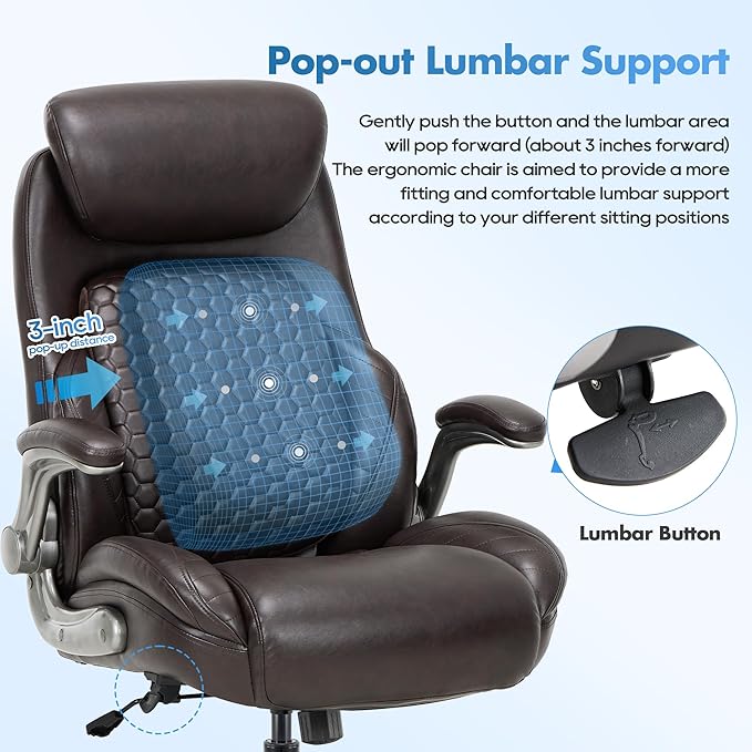 COLAMY Office Chair Ergonomic Desk High Back Executive Chair with Pop-Out Lumbar Support, Upgraded Casters, Adjustable Headrest, Flip-Up Arms, Leather Home with Thick Cushion for Comfort - Brown