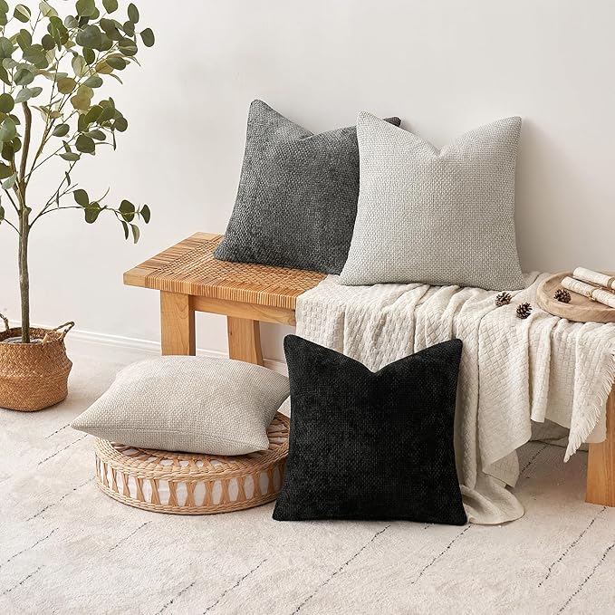 MIULEE Pack of 4 Couch Halloween Throw Pillow Covers 18x18 Inch Neutral Cream/Grey Soft Decorative Chenille Pillow Covers Farmhouse Accent Cushion Covers for Boho Home Decor Sofa Bedroom Living Room