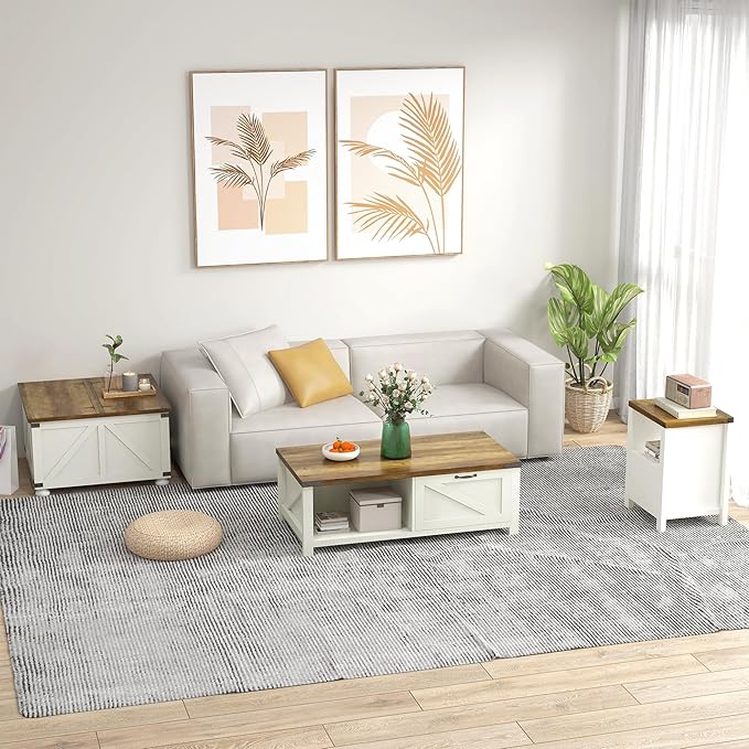 HOMCOM Farmhouse Coffee Table, 31.5" Square Coffee Table with Storage, Living Room Center Table with Hinged Flip Lift Top and Hidden Space, Antique White