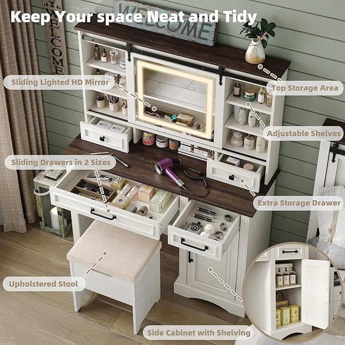 Farmhouse Makeup Vanity Desk with Sliding Mirror, Large Vanity Set with 3 Brightness Lights, Ample Storage, Antique White