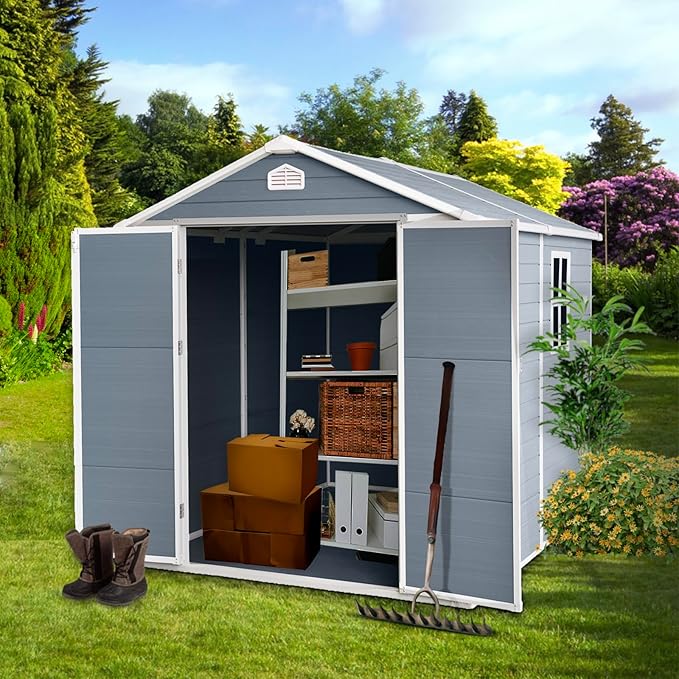 6x8 FT Outdoor Storage Shed, Resin Garden Shed with Thick Floor, Plastic Storage Shed with Window, Waterproof Outside Tool Shed with Lockable Hinged Doors for Backyard, Patio, Lawn, Light Gray