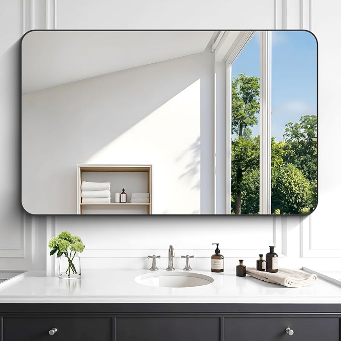 KOCUUY Black Bathroom Vanity Mirror, 30 x 48 inch Metal Frame Mirror with Rounded Corner, Rectangle Design of Upgraded Shatterproof Glass for Bathroom, Bedroom, Living Room, Entryway
