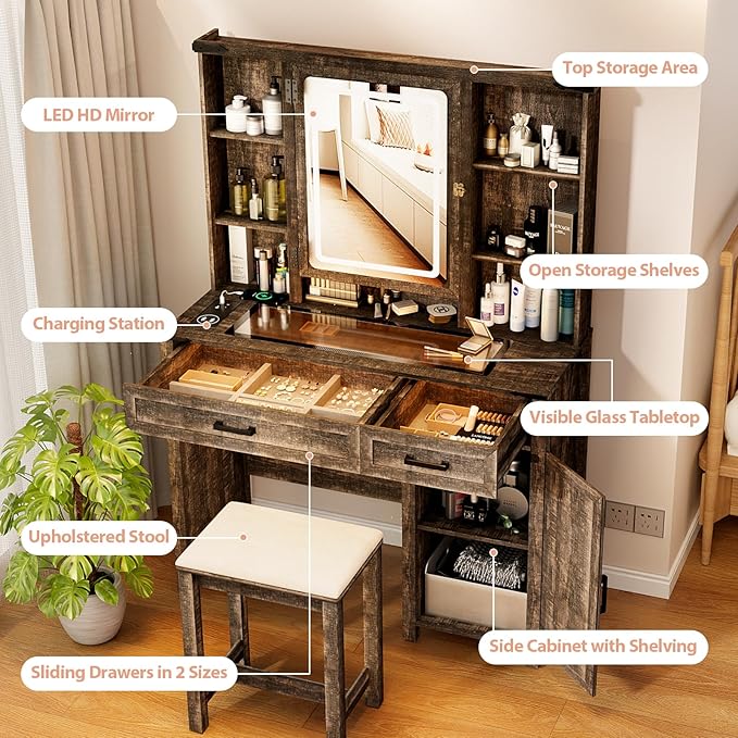 Farmhouse Makeup Vanity, Vanity Desk with 3 in 1 Charging Station and Human Body Sensing LED Lights, Vanity Table with Glass Tabletop & Hidden Jewelry Cabinet, Stool Included, Vintage Brown