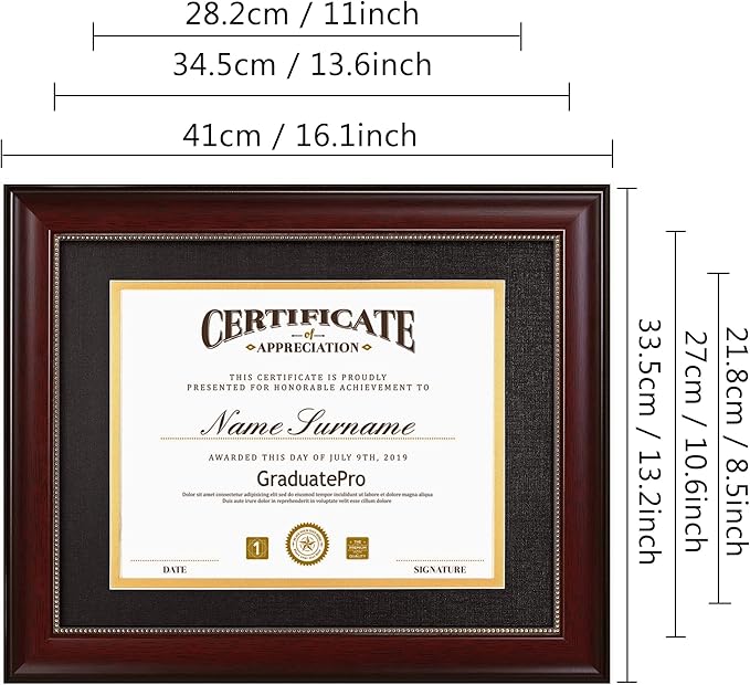 GraduatePro 8.5x11 Diploma Frame with Black Over Gold Mat or Display 11x14 Document Without Mat, CPA License Frame, UV Protection Acrylic, Mahogany with Gold Beads, Pack of 3